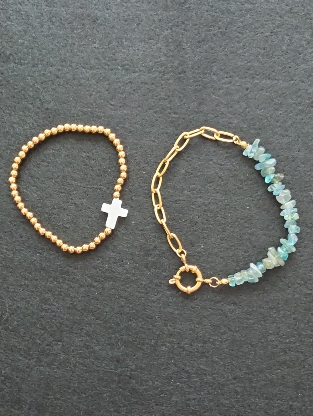 Gold Beaded Cross Bracelet & Aqua Chip Chain Bracelet - Women Jewelry